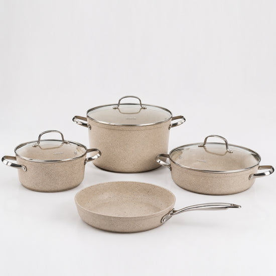 Korkmaz Granita 7 Pieces Non-Stick Cookware Set | Forged Aluminum Granite Coated Induction Base Cookware Pots and Pans Set | Beige - KA1272