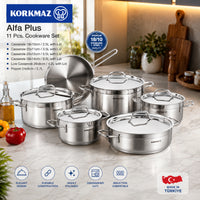 Korkmaz Alfa Plus 11 Pieces Stainless Steel Cookware Set | Induction Compatible Tri-Ply Bottom Pots and Pans Set | Silver - KA1610