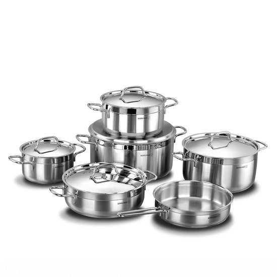 Korkmaz Alfa XL 11 Pieces Stainless Steel Cookware Set | Induction Compatible Tri-Ply Bottom Pots and Pans Set | Silver -KA1641