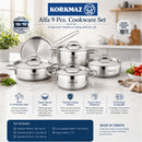 Korkmaz Alfa 9 Pieces Stainless Steel Cookware Set | Induction Compatible Tri-Ply Bottom Cookware Pots and Pans Set | Silver - KA1660