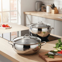 Korkmaz Tombik 9 Pieces Stainless Steel Cookware Set | Induction Compatible Tri-Ply Bottom Pots and Pans Set | Silver - KA1800