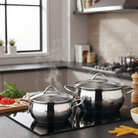 Korkmaz Tombik 9 Pieces Stainless Steel Cookware Set | Induction Compatible Tri-Ply Bottom Pots and Pans Set | Silver - KA1800