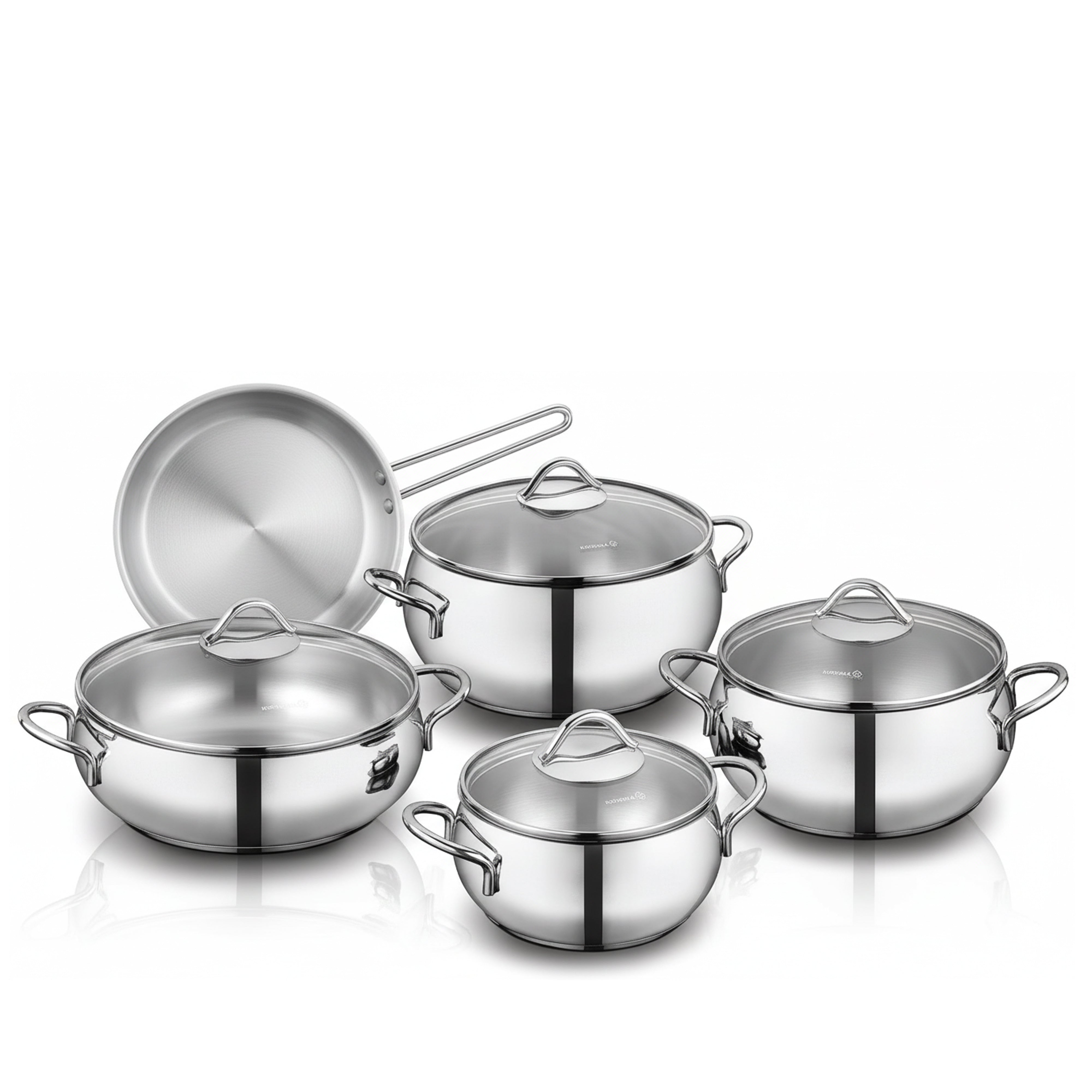 Korkmaz Tombik 9 Pieces Stainless Steel Cookware Set | Induction Compatible Tri-Ply Bottom Pots and Pans Set | Silver - KA1800