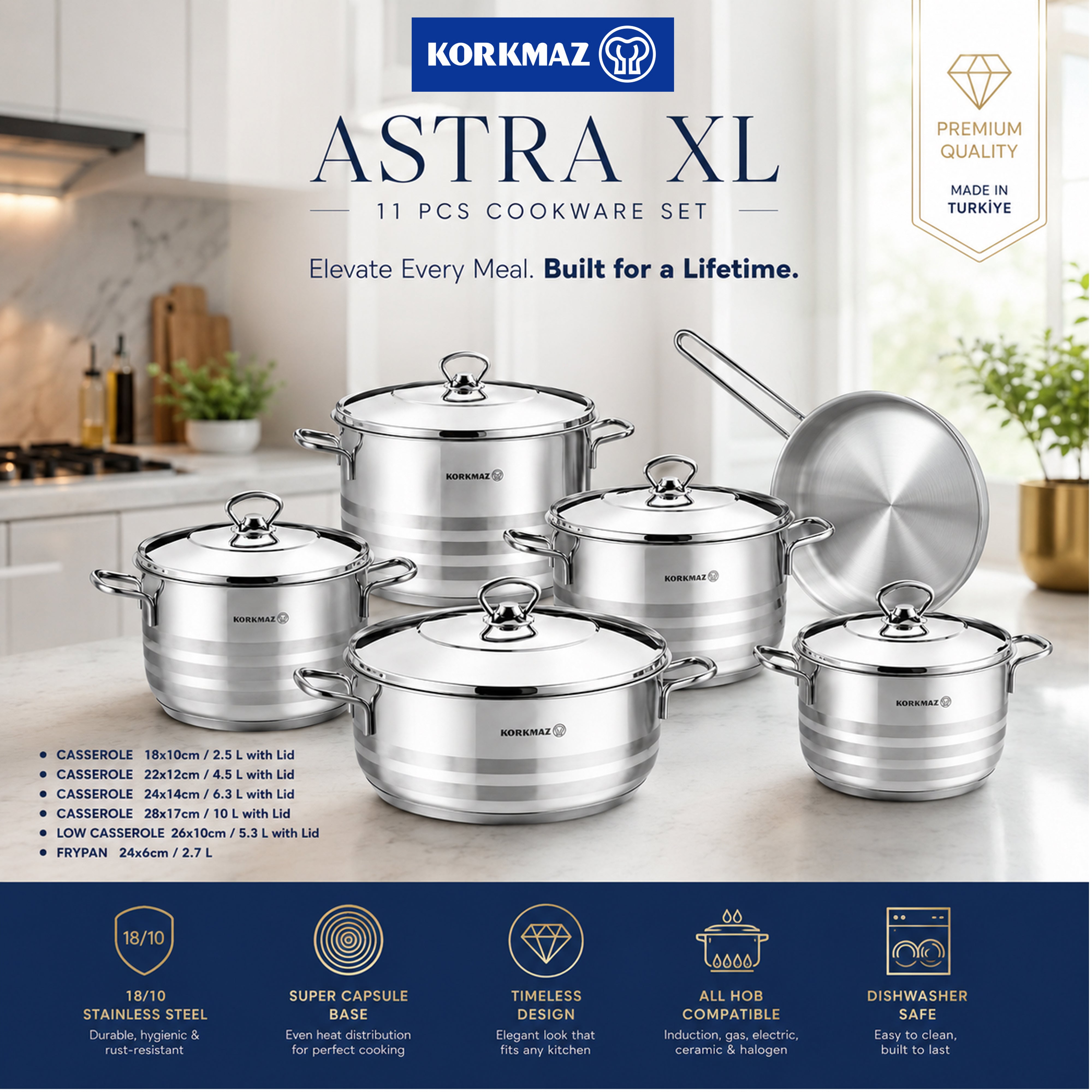 Korkmaz Astra 11 Pcs Stainless Steel Cookware Set | Turkish Induction Compatible Tri-Ply Bottom Pots and Pans Set | Silver KA1090