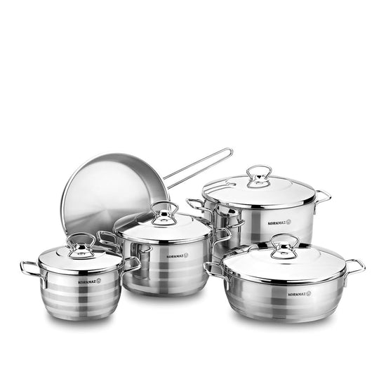 Korkmaz Astra 9 Pcs Stainless Steel Cookware Set | Induction Compatible Tri-Ply Bottom Pots and Pans Set | Silver - KA1900