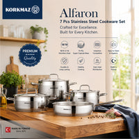 Korkmaz Alfaron 7 Pcs Stainless Steel Cookware Set | Industion Compatible Tri-Ply Bottom Pots and Pans Set | Silver - KA1954