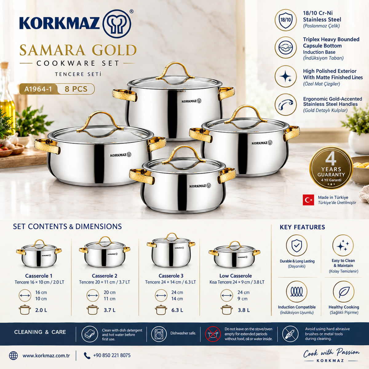Korkmaz Samara Gold 8-Piece Stainless Steel Cookware Set | Induction Compatible Cookware | KA1964-1