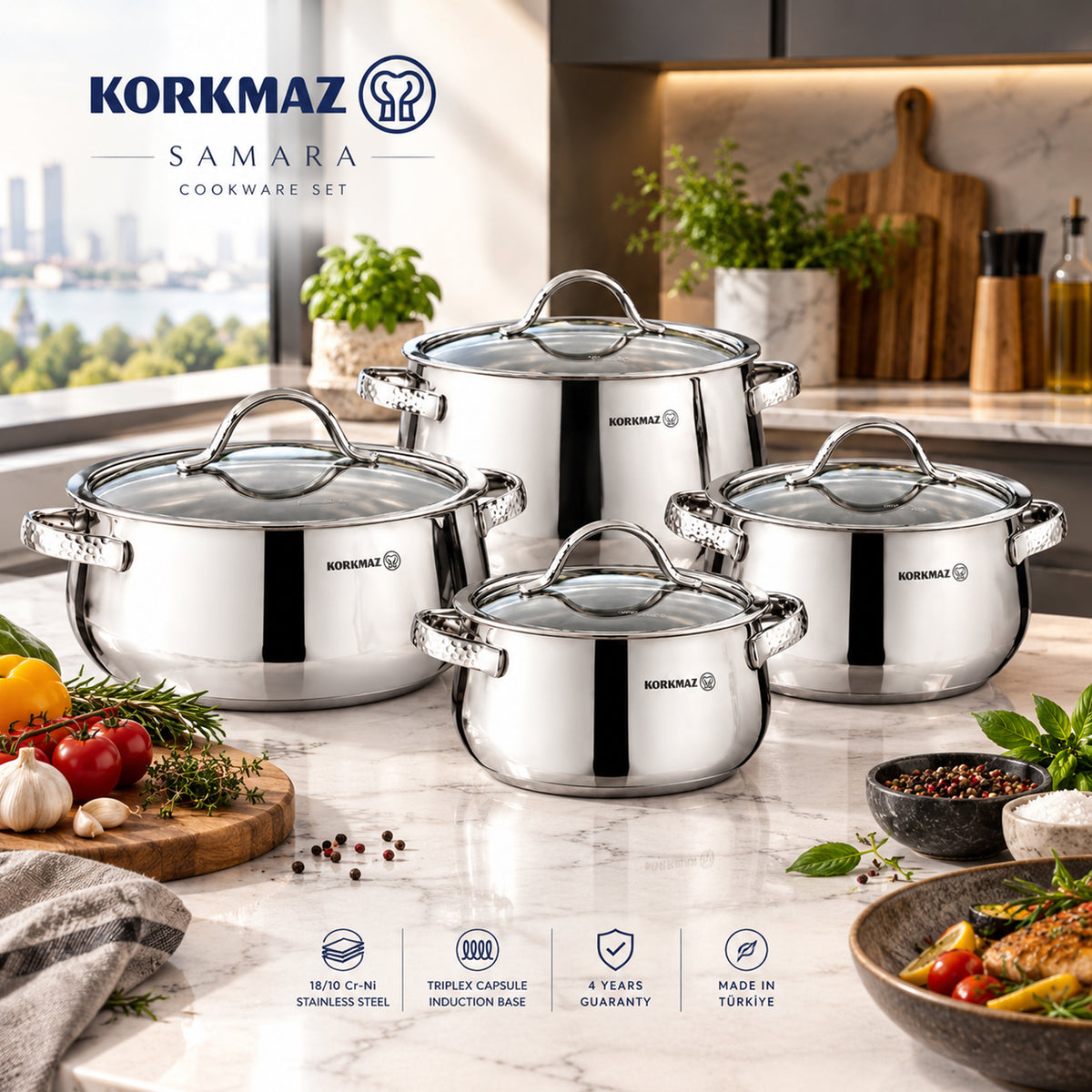 Korkmaz Samara 8-Piece Stainless Steel Cookware Set | Induction Compatible Cookware | KA1964