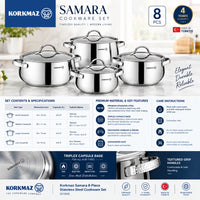 Korkmaz Samara 8-Piece Stainless Steel Cookware Set | Induction Compatible Cookware | KA1964