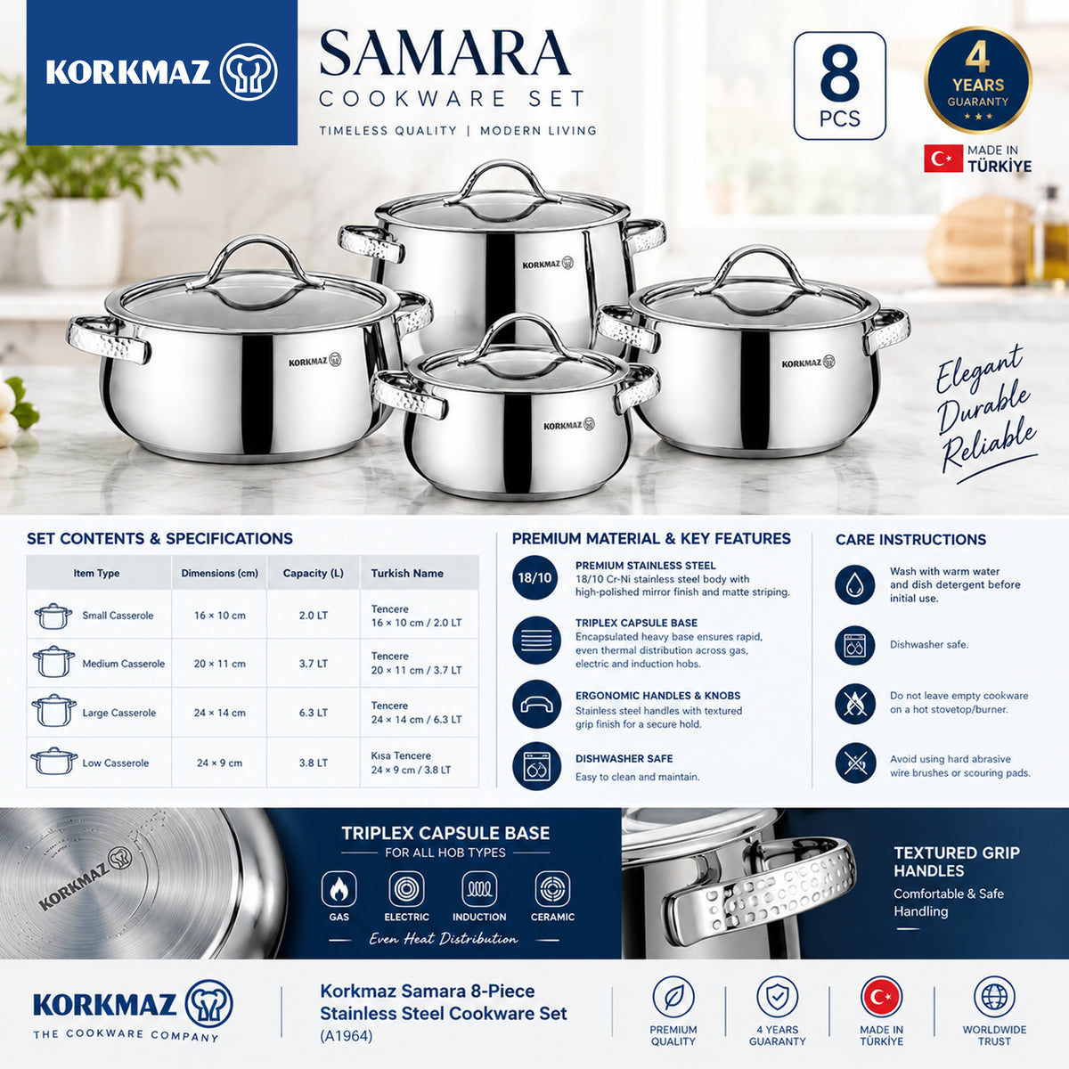 Korkmaz Samara 8-Piece Stainless Steel Cookware Set | Induction Compatible Cookware | KA1964