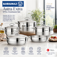 Korkmaz Astra 9 Pcs Stainless Steel Cookware Set | Induction Compatible Tri-Ply Bottom Pots and Pans Set | Silver -  KA2020