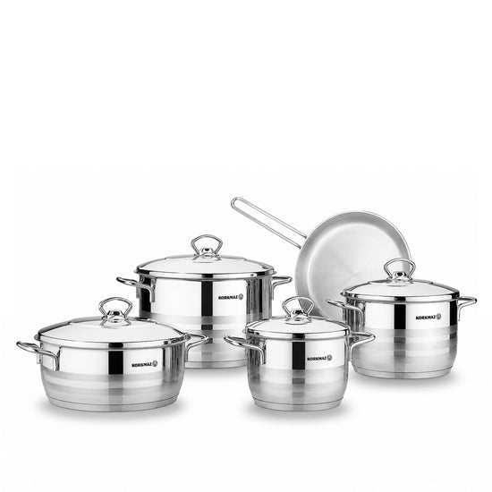 Korkmaz Astra 9 Pcs Stainless Steel Cookware Set | Induction Compatible Tri-Ply Bottom Pots and Pans Set | Silver -  KA2020