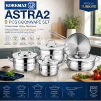 Korkmaz Astra 9 Pcs Stainless Steel Cookware Set | Stainless Steel Pots and Pans Set | Induction Compatible Tri-Ply Bottom Pots and Pans Set - KA2050