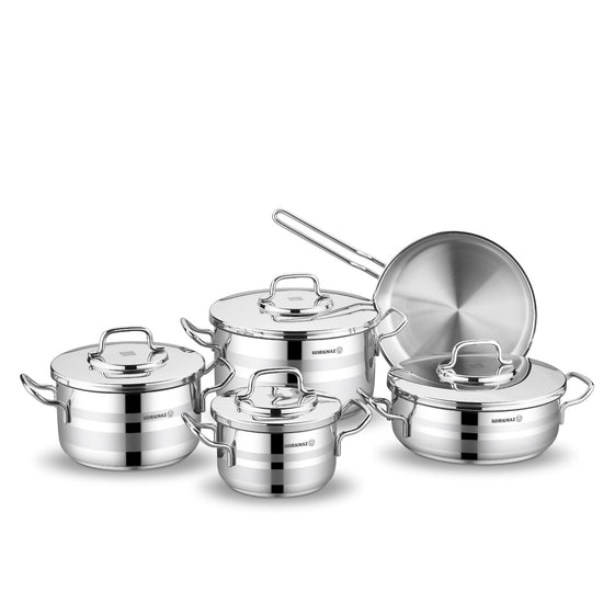 Korkmaz Astra 9 Pcs Stainless Steel Cookware Set | Stainless Steel Pots and Pans Set | Induction Compatible Tri-Ply Bottom Pots and Pans Set - KA2050