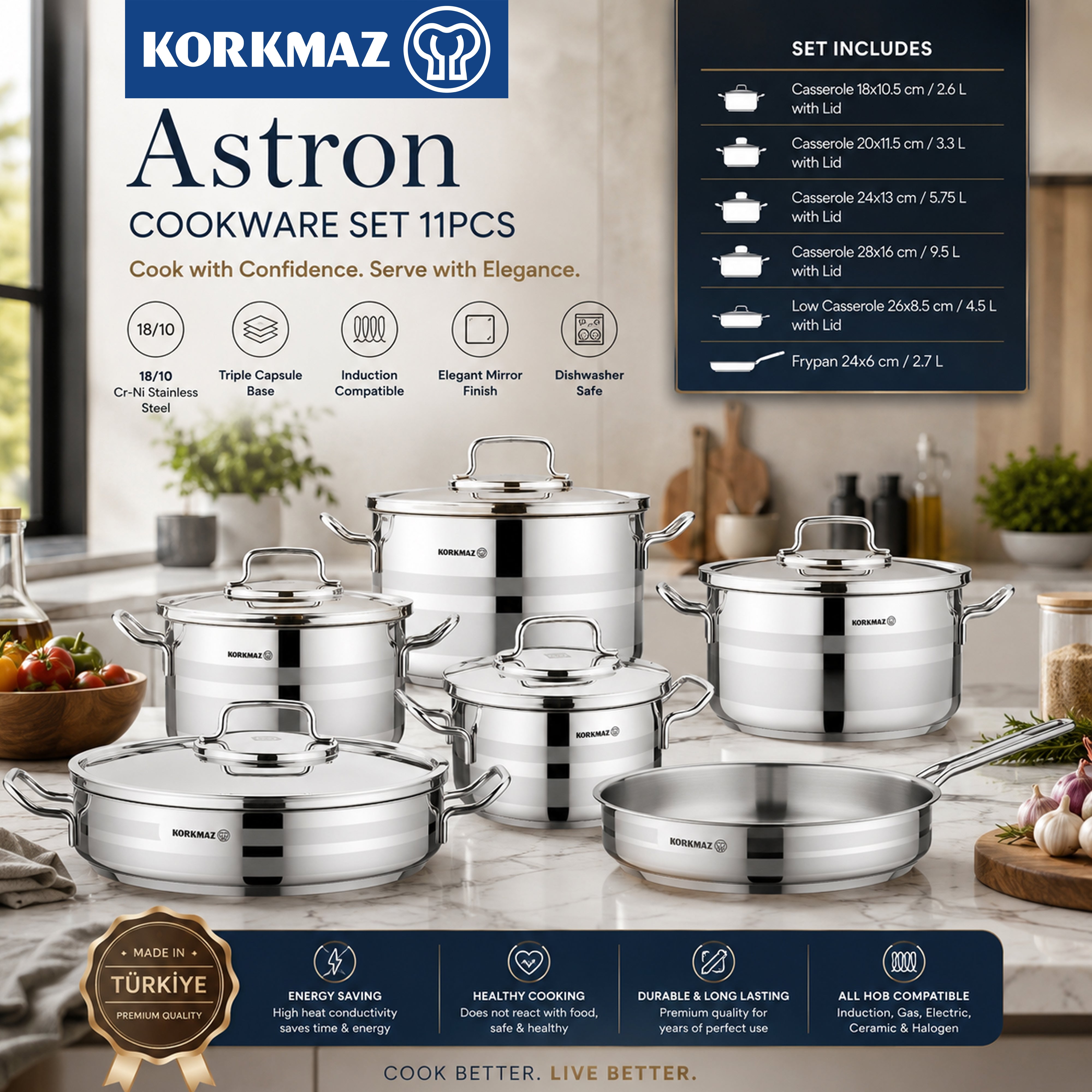 Korkmaz Astron Stainless Steel Cookware Set 11 Pcs | Tri-ply Bottom Cooking Pots & Pans Set | KA2052