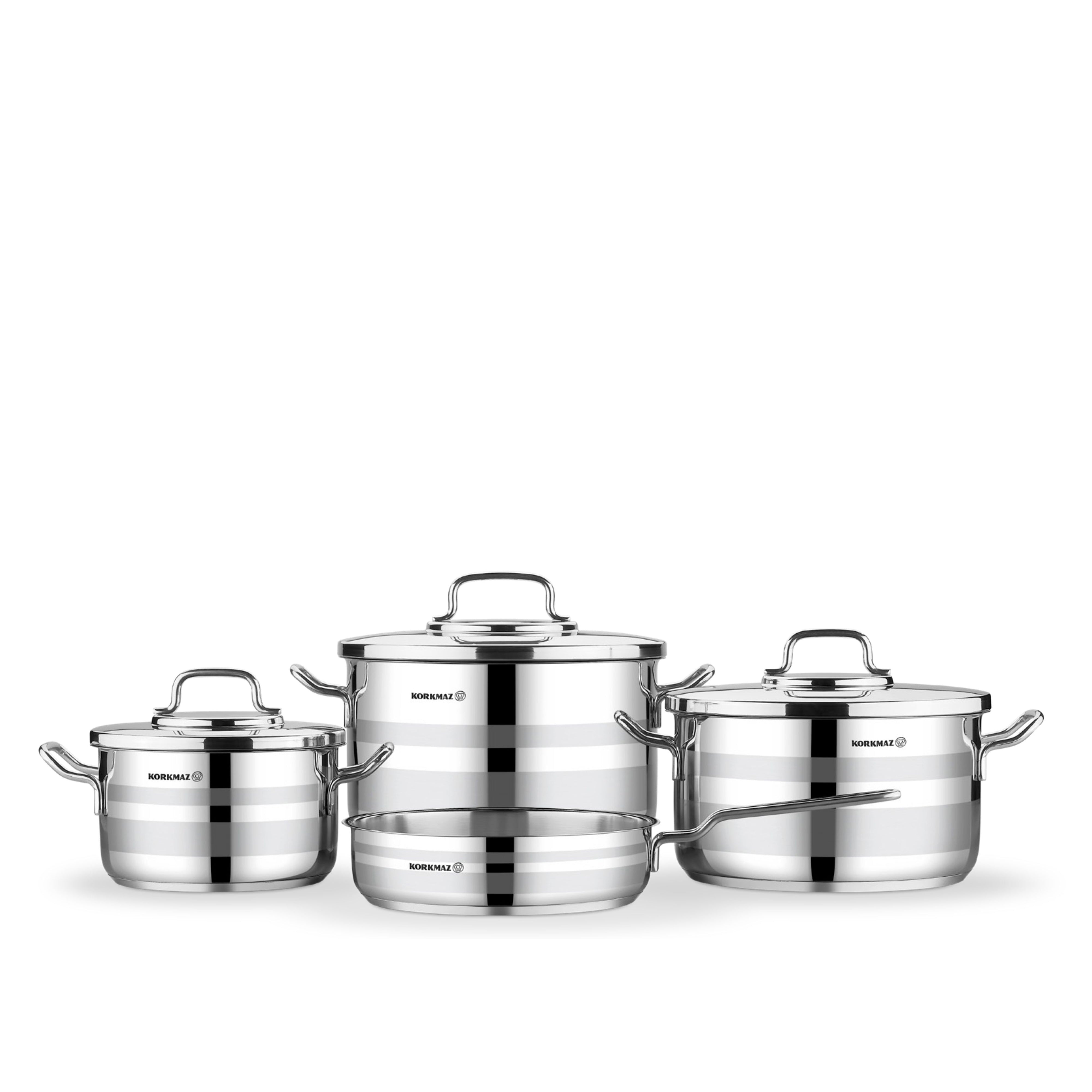 Korkmaz Astron 7 Pcs Cookware Set | Stainless Steel Pots and Pans Set | Inductions Compatible Tri-Ply Bottom Cooking Set | Silver - KA2054
