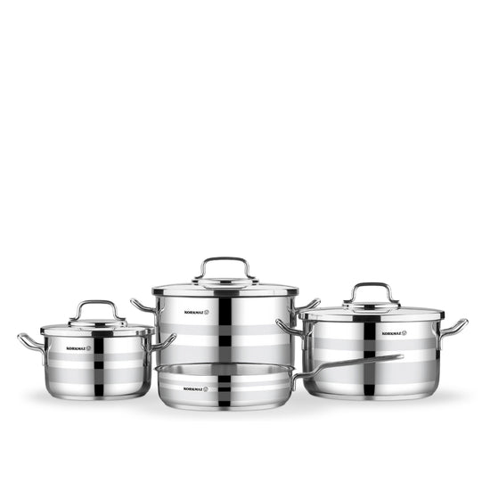 Korkmaz Astron 7 Pcs Cookware Set | Stainless Steel Pots and Pans Set | Inductions Compatible Tri-Ply Bottom Cooking Set | Silver - KA2054