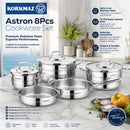 Korkmaz Astron 8 Pcs Cookware Set | Stainless Steel Pots and Pans Set | Inductions Compatible Tri-Ply Bottom Cooking Set | Silver - KA2055