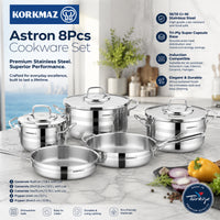 Korkmaz Astron 8 Pcs Cookware Set | Stainless Steel Pots and Pans Set | Inductions Compatible Tri-Ply Bottom Cooking Set | Silver - KA2055