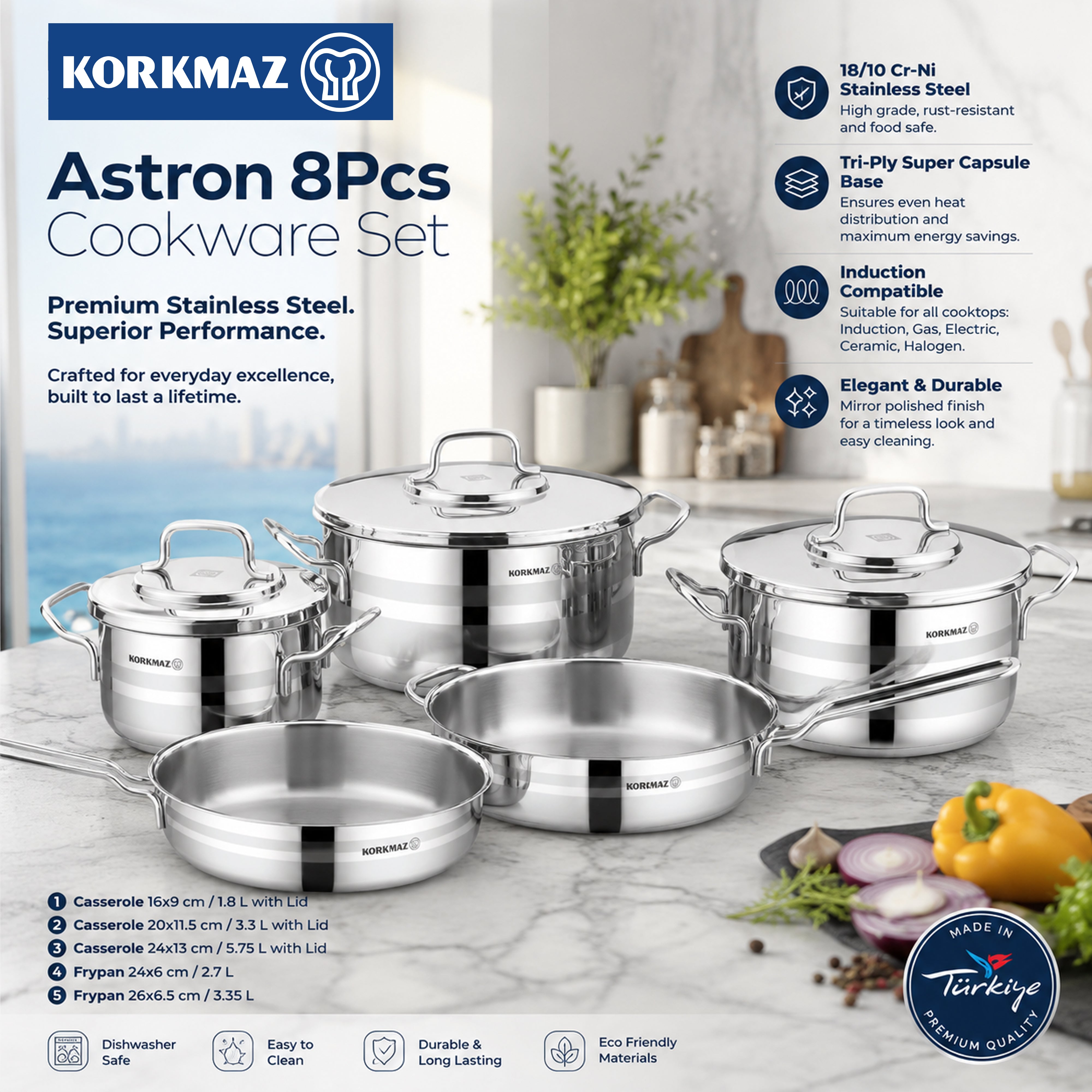 Korkmaz Astron 8 Pcs Cookware Set | Stainless Steel Pots and Pans Set | Inductions Compatible Tri-Ply Bottom Cooking Set | Silver - KA2055