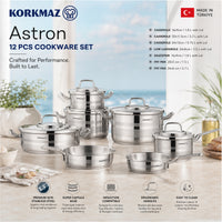 Korkmaz Astron 12 Pcs Cookware Set | Stainless Steel Pots and Pans Set | Inductions Compatible Tri-Ply Bottom Cooking Set | Silver - KA2056