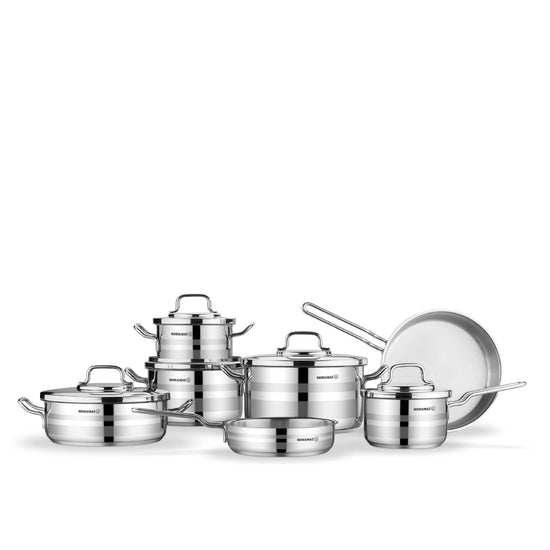 Korkmaz Astron 12 Pcs Cookware Set | Stainless Steel Pots and Pans Set | Inductions Compatible Tri-Ply Bottom Cooking Set | Silver - KA2056