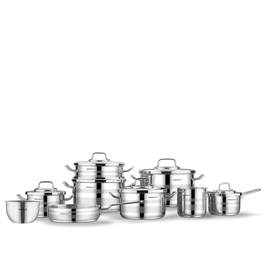 Korkmaz Astron 15 pc Cookware set | Stainless Steel Pots and Pans Set | Inductions Compatible Tri-Ply Bottom Cooking Set  | Silver - KA2057