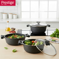 Prestige Essentials Pots and Pans Set | Granite 6 Piece Non-Stick Cast Aluminium Cookware set | Induction Base | Non Stick Cooking Set | Black PR80970