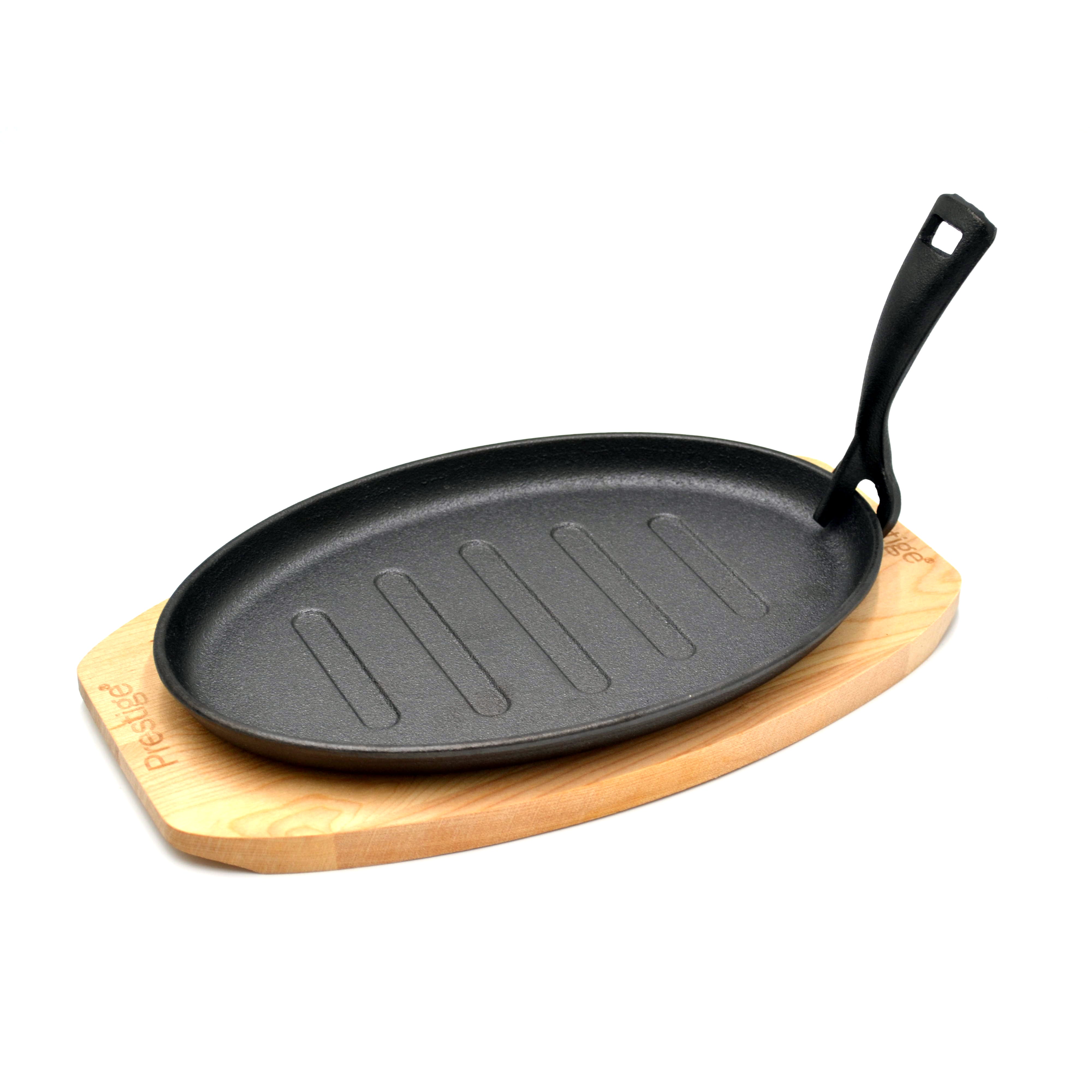 Prestige Pre-Seasoned Cast Iron Sizzler Pan 26cm | Sizzling Steak Plate with Wooden Base | Premium and Durable Cast Iron Griddle | Black - PR50205