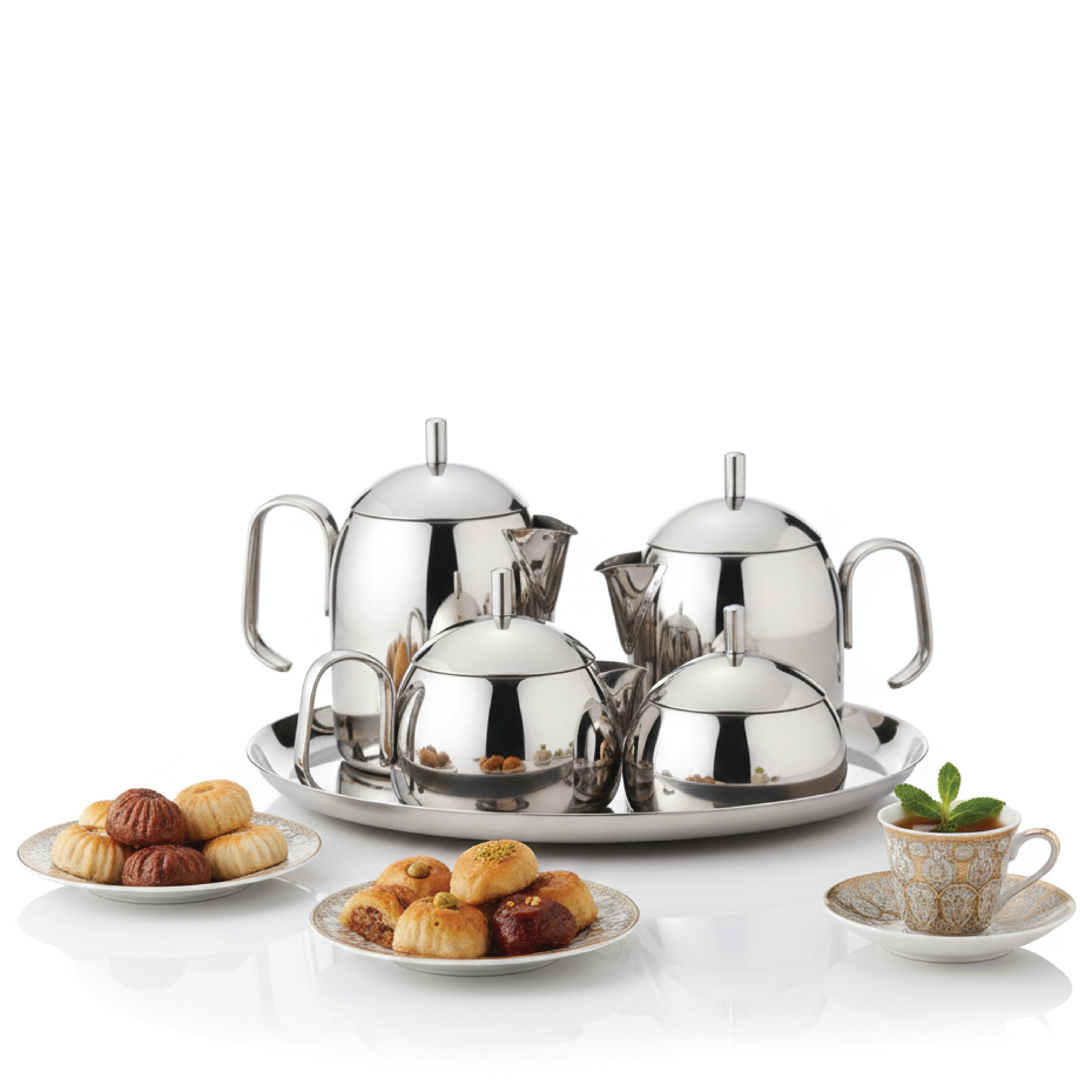 Korkmaz Pera 9 Pcs Tea & Coffee Set | Stainless Steel with Tray, Teapot, Coffee Pot, Milk Bowl, and Sugar Bowl | Silver - KA280