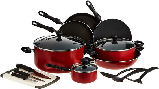Prestige Classique Non-Stick Cookware Sets 17 Pcs | Aluminium Pots and Pans Set | Cooking Set with Glass lid | Soup Pts Set | Frying Pans Set | PR21822 - Red