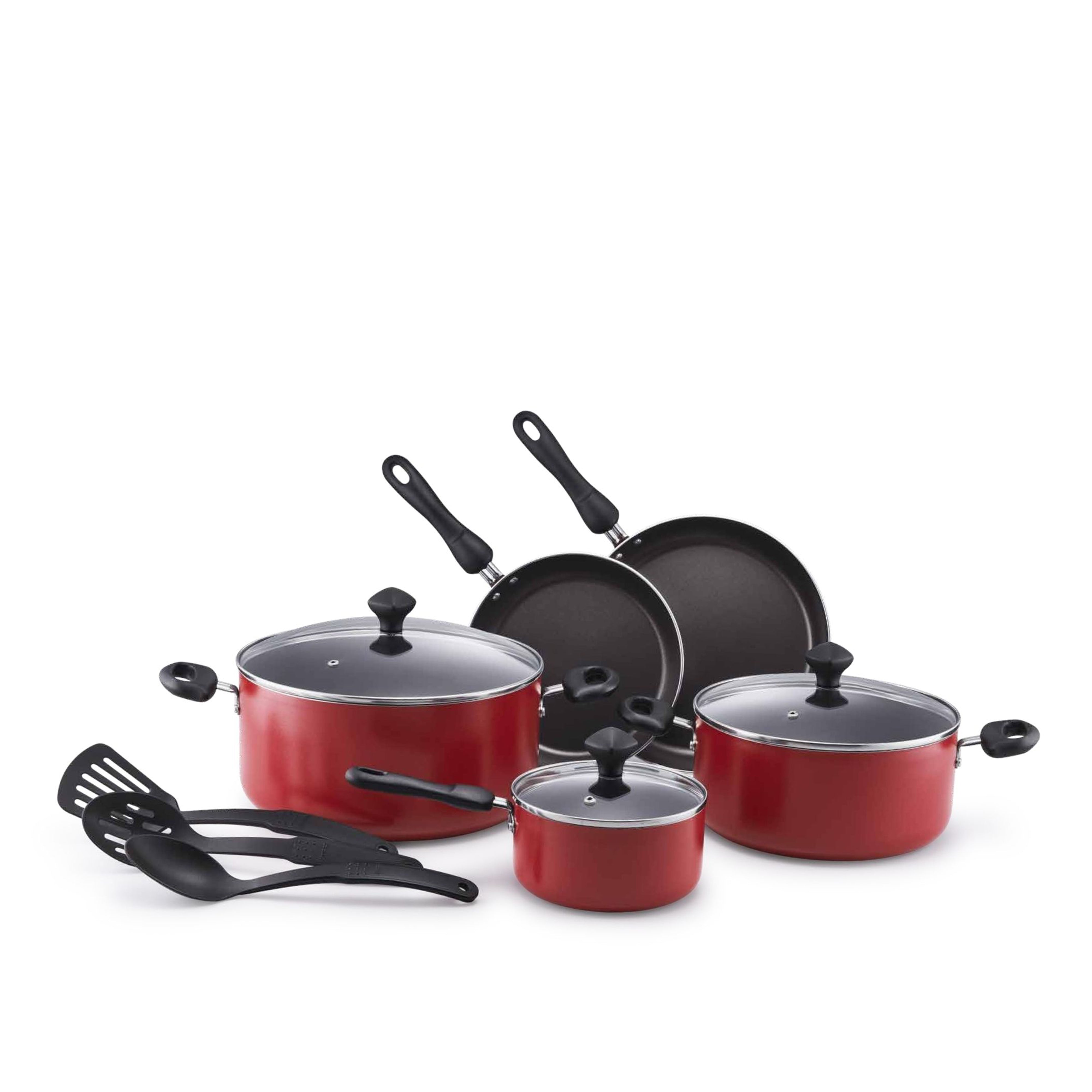 Prestige Classique 11 Piece Nonstick Cookware Set With Glass Lid | Aluminium Cooking Pots and Pans Set | Red - PR21915