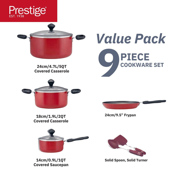 Prestige Value Pack Non-Stick Cookware sets 9Pcs | Non Stick Aluminium Pots and Pans Cooking Set | Soup Pots Set | Frying Pan Set | PR22430 - Red