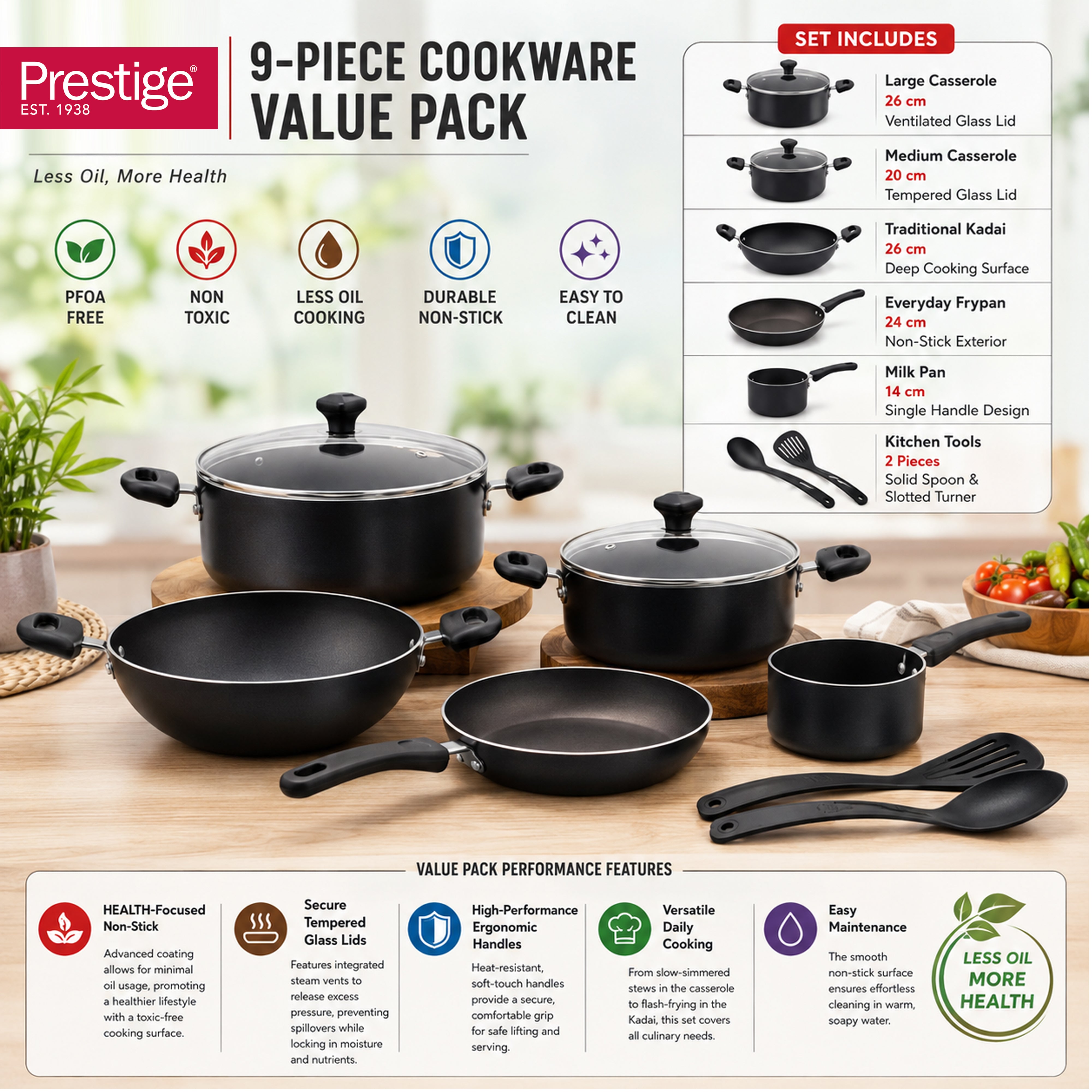 Prestige 9pcs Cookware Value Pack Sets | Non-Stick Pots and Pans set | Non-Stick Kitchen Cooking Set with Frying Pans, Saucepan | PR22480