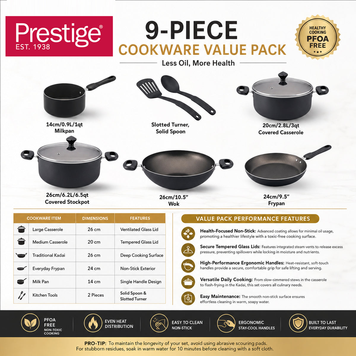 Prestige 9pcs Cookware Value Pack Sets | Non-Stick Pots and Pans set | Non-Stick Kitchen Cooking Set with Frying Pans, Saucepan | PR22480