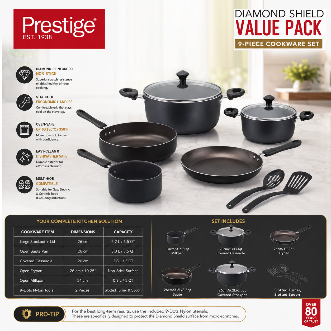 Prestige 9 Pcs Value Pack Cookware Set | Non-stick Pots and Pans Set | Cooking Set with Frying Pans, Saucepans, Saute Pan - PR22482