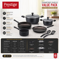 Prestige 9 Pcs Value Pack Cookware Set | Non-stick Pots and Pans Set | Cooking Set with Frying Pans, Saucepans, Saute Pan - PR22482