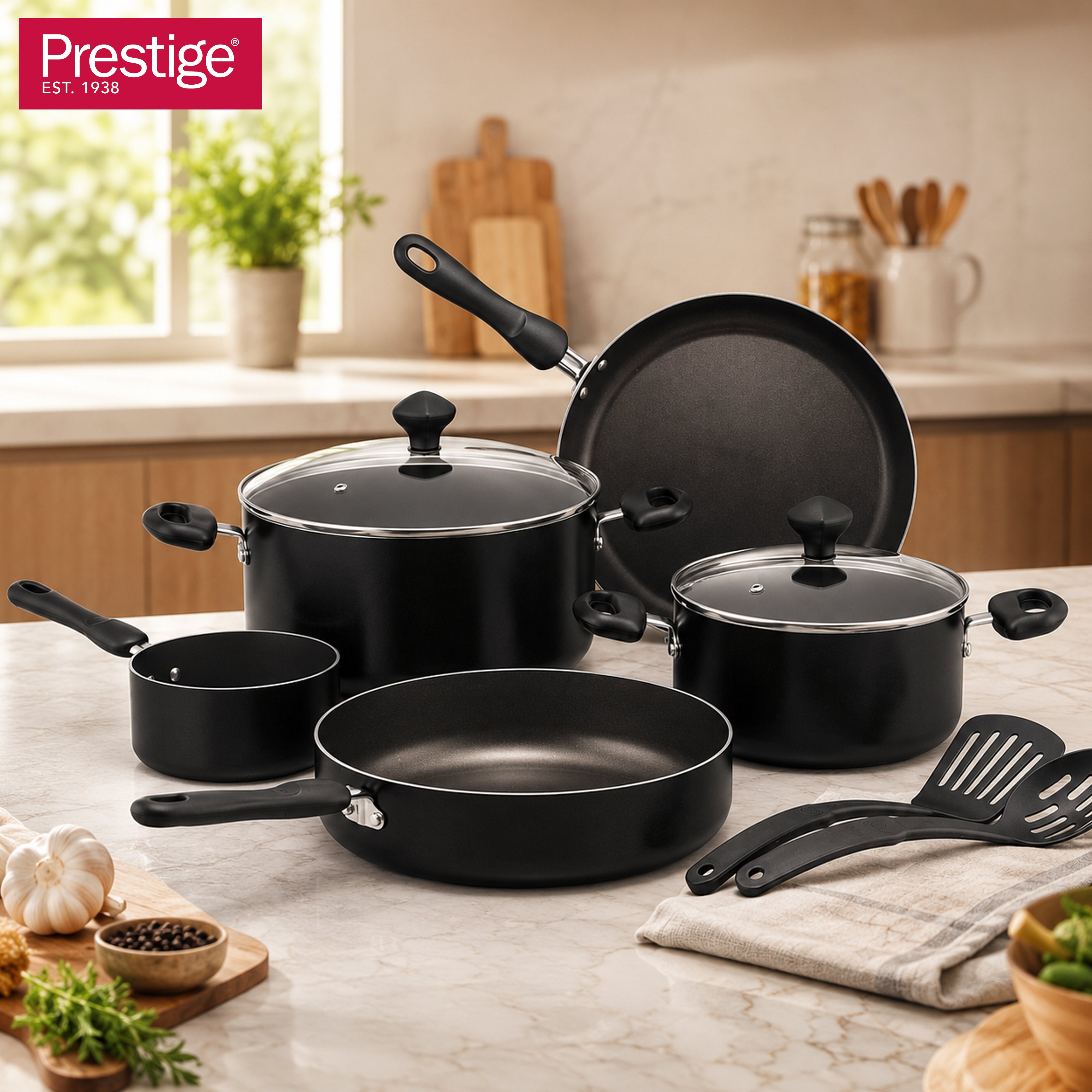 Prestige 9 Pcs Value Pack Cookware Set | Non-stick Pots and Pans Set | Cooking Set with Frying Pans, Saucepans, Saute Pan - PR22482