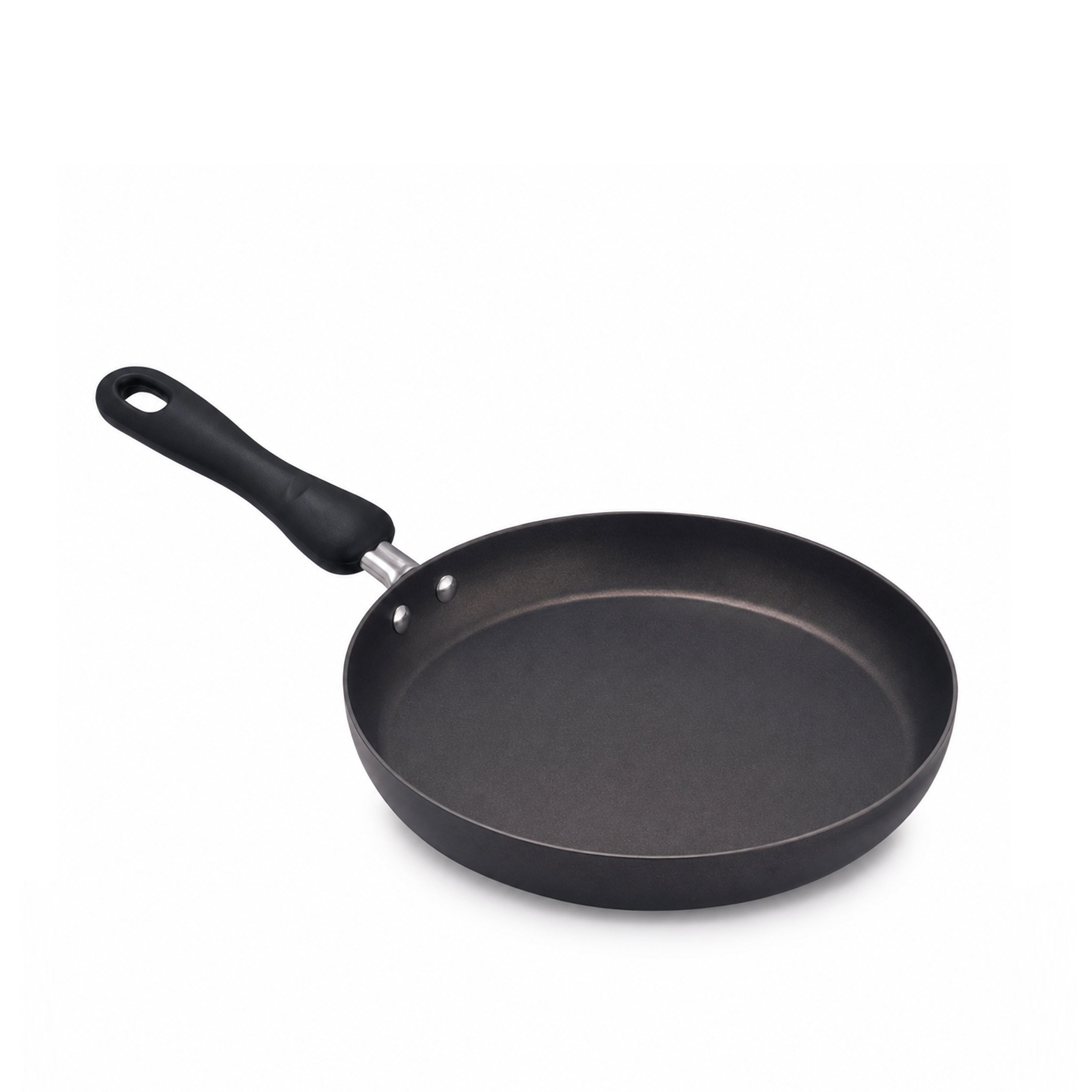 A black non-stick frying pan with a matching black handle and a silver metal rivet, shown on a plain white background.