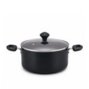A black non-stick saucepan with a matching glass lid and black handles, shown on a clean white background.
