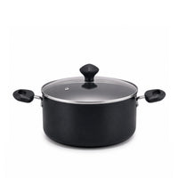 A black non-stick saucepan with a matching glass lid and black handles, shown on a clean white background.