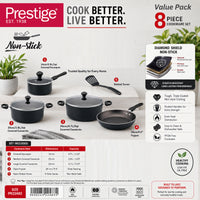 Prestige 8-piece non-stick cookware set in a value pack presentation, featuring multiple black and dark gray pans and cookware pieces with dimensions, capacities, and feature callouts on a white background.