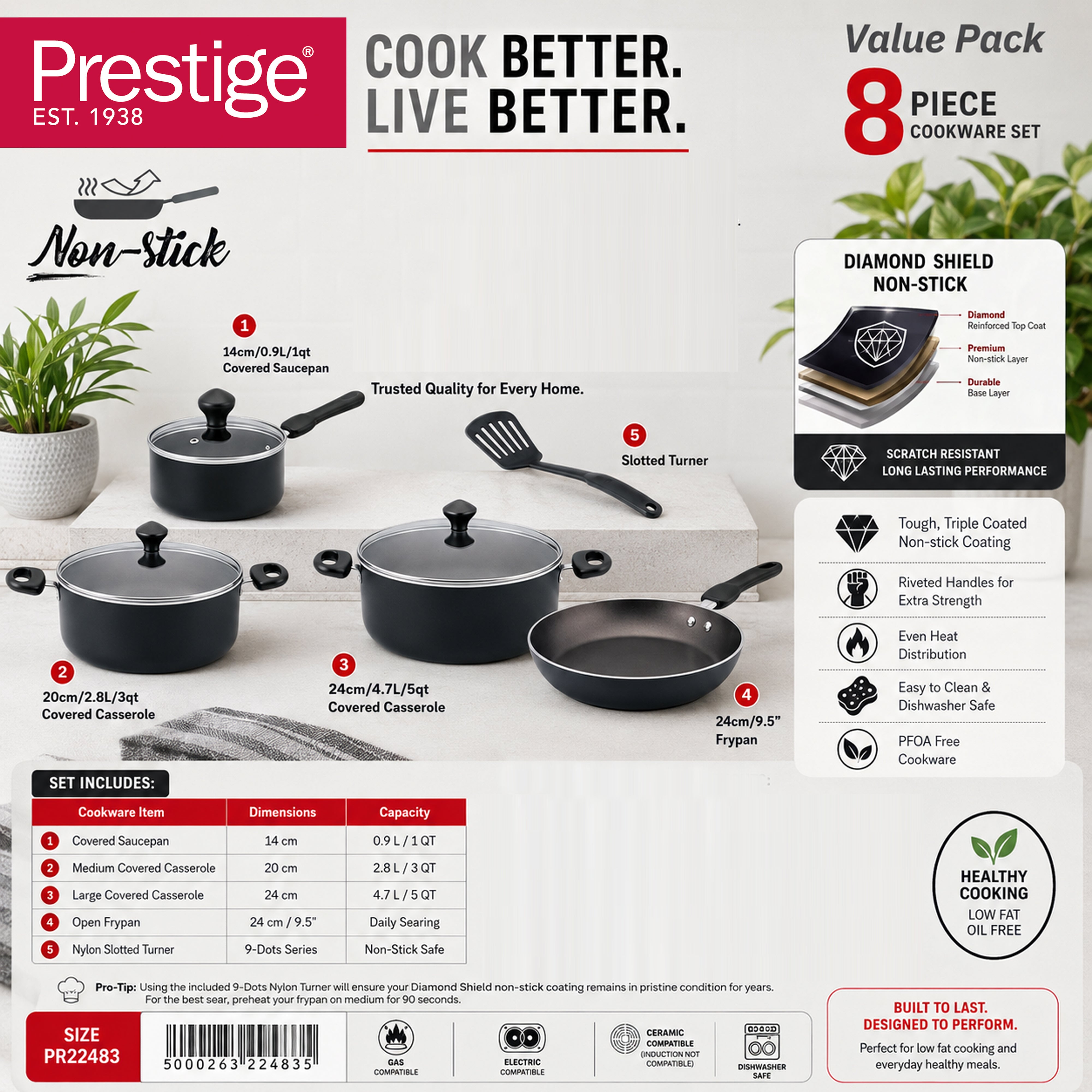 Prestige 8-piece non-stick cookware set in a value pack presentation, featuring multiple black and dark gray pans and cookware pieces with dimensions, capacities, and feature callouts on a white background.