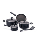 A 7-piece black non-stick cookware set on a white background, including three pots of varying sizes with glass lids, a frying pan, and a spatula.