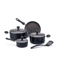 A 7-piece black non-stick cookware set on a white background, including three pots of varying sizes with glass lids, a frying pan, and a spatula.
