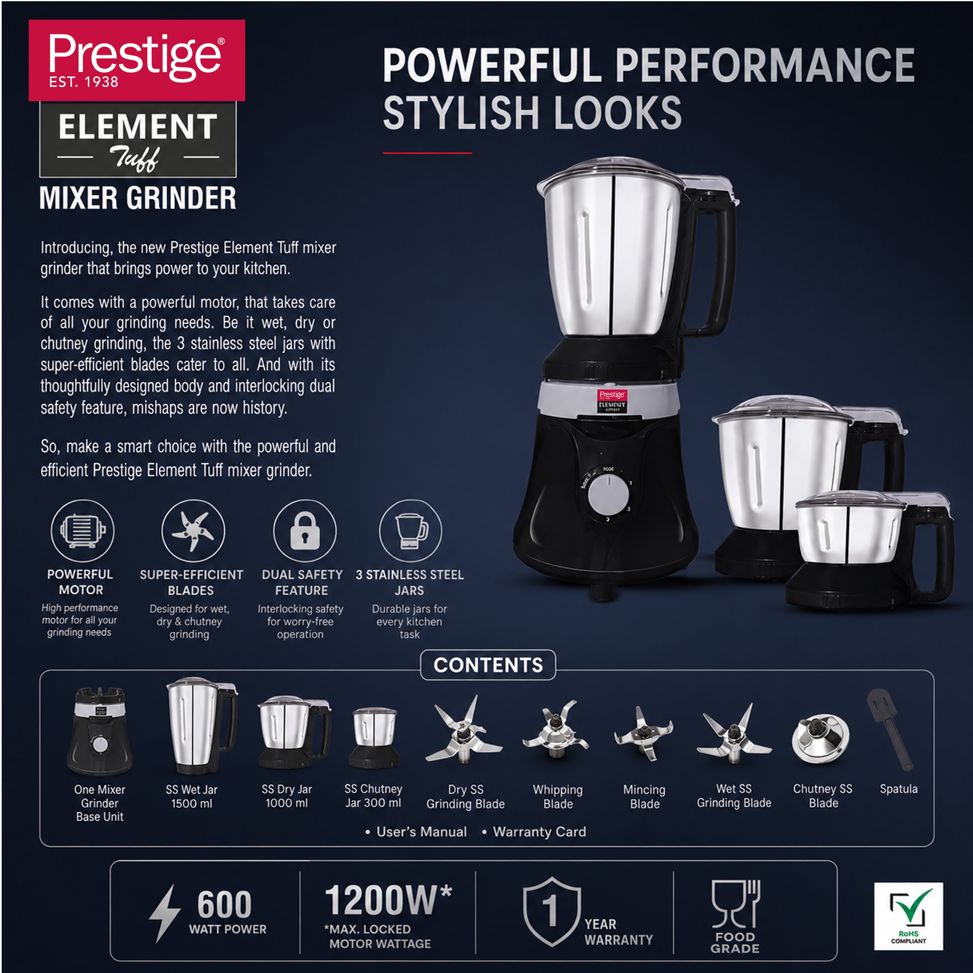 Prestige Element Tuff Mixer Grinder 1200W Max With 3 Jars - Black | PR43191