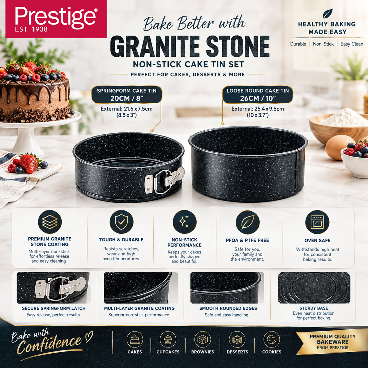 Prestige Granite 2Pcs Bakeware Set (20Cm Springform Cake Tin & 26Cm Loose Round Cake Tin) | PR49077