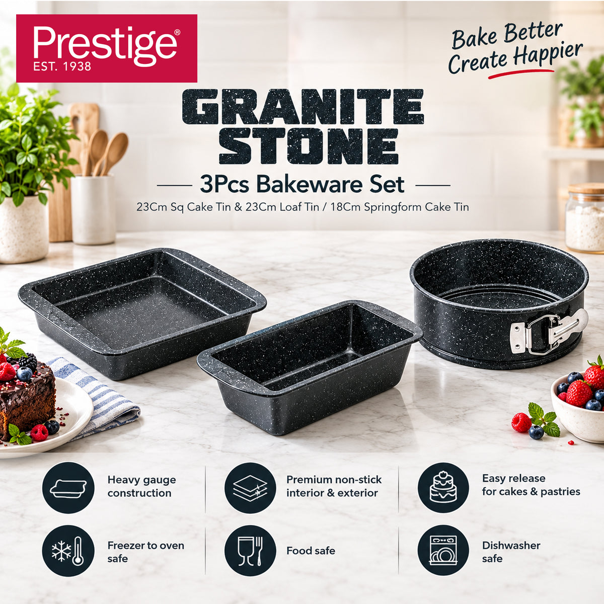 Prestige Granite 3Pcs Bakeware Set (23Cm Sq Cake Tin & 23Cm Loaf Tin / 18Cm Springform Cake Tin) | PR49078