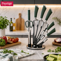 Prestige Kitchen Knife Set with Acrylic Knife Stand | Premium Kitchen Set with Clear Storage Block | Laser-cut Rust-free Stainless Steel Blade | PR50910 - Green