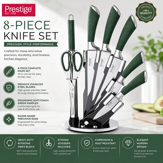 Prestige Kitchen Knife Set with Acrylic Knife Stand | Premium Kitchen Set with Clear Storage Block | Laser-cut Rust-free Stainless Steel Blade | PR50910 - Green